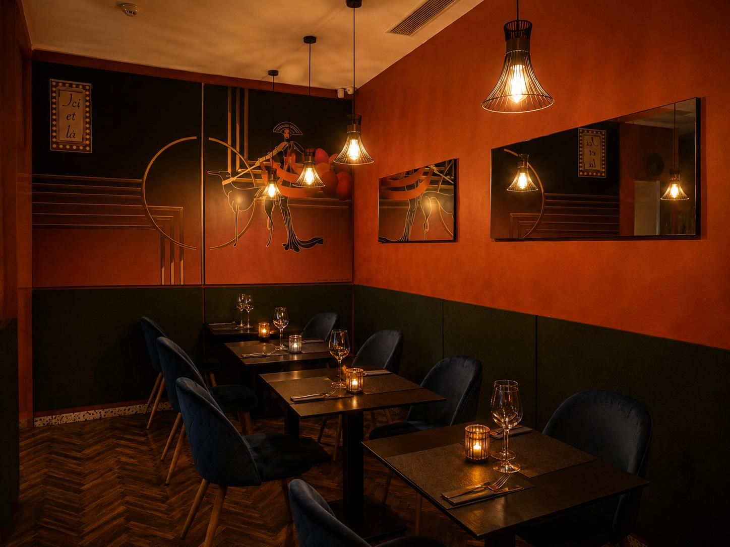 The Art Deco dining room of Ici et Là, terracotta walls and velvet chairs