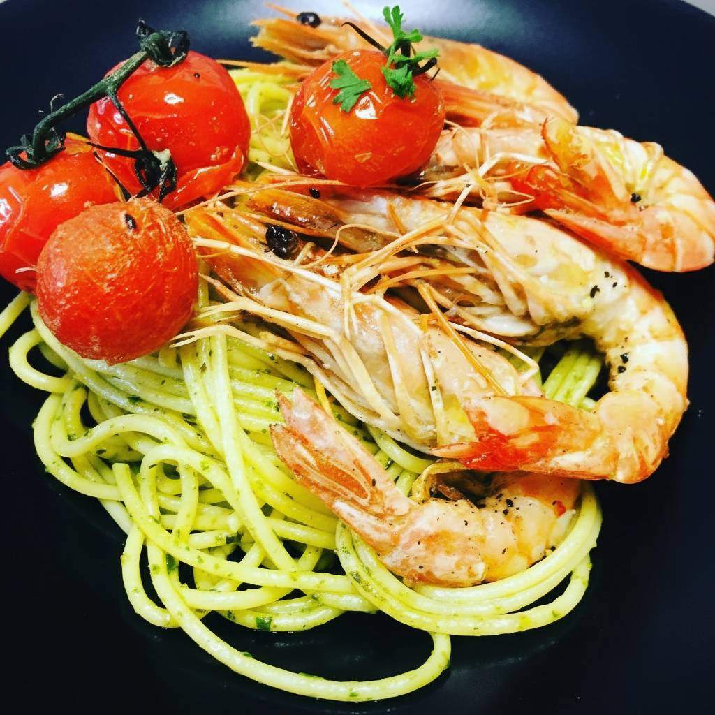 Gambas sautées aux spaghetti pesto et tomates cerises
